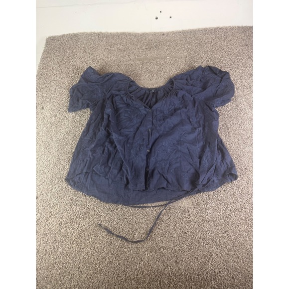 Lucky Brand Tops - Lucky Brand Navy Blue Embroidered Cotton Button Front Blouse Boho Top Womens M